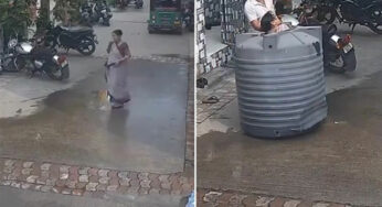 ఆపిల్ తింటున్న మహిళపై వాటర్ ట్యాంక్ ప‌డింది.. వీడియో వైరల్..!